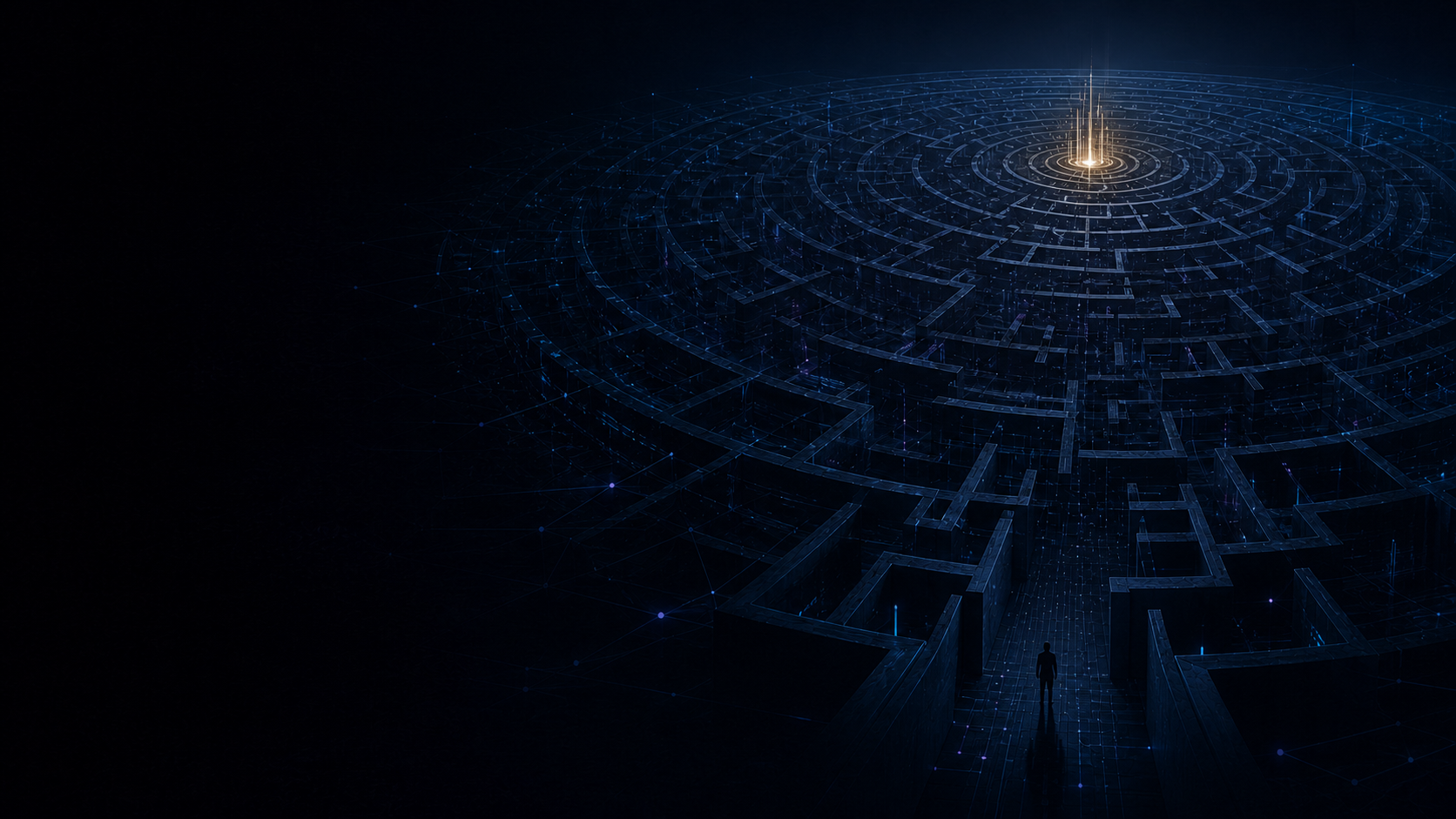 A lone decision-maker following one luminous path through a vast maze of possible futures